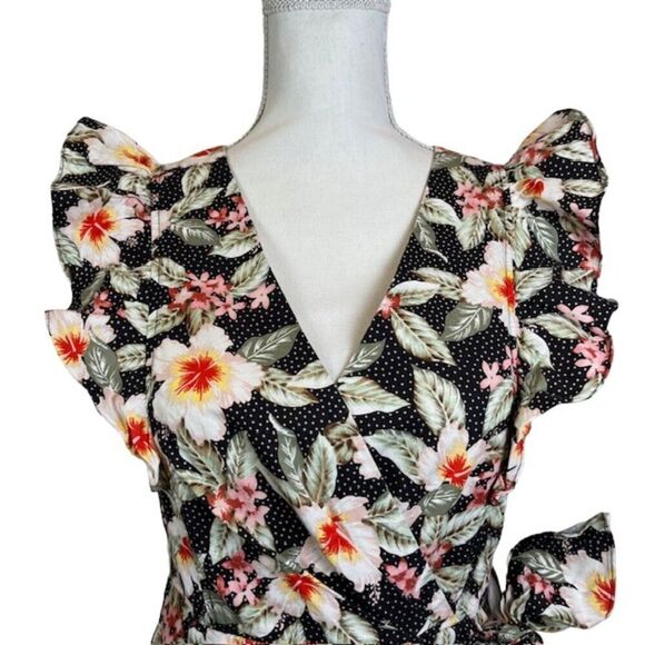 Rebecca Taylor Black Kamea Linen Blend Wrap Dress Tropical Floral Print Size 0 - Picture 3 of 15